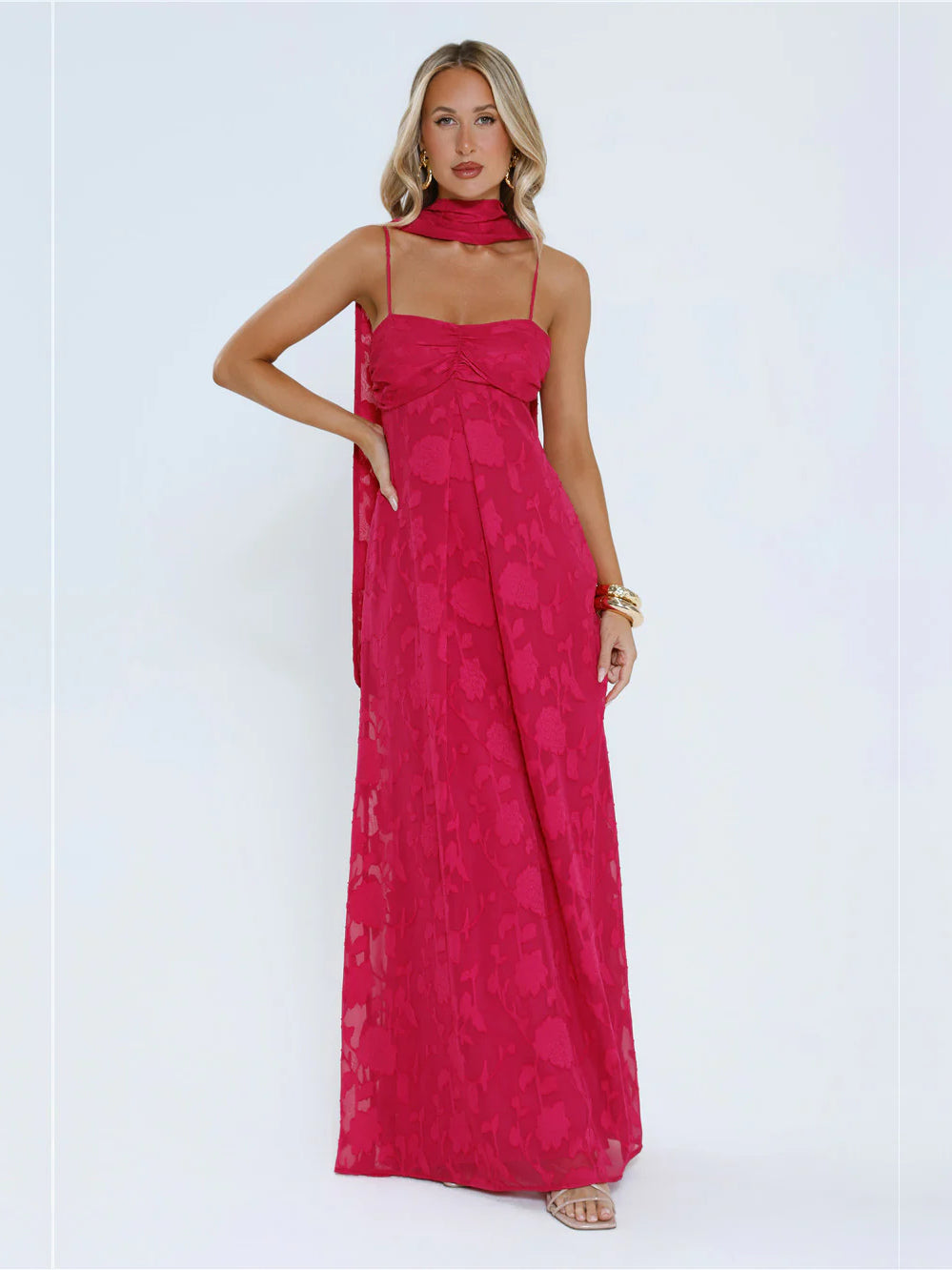 Pink a-line maxi formal dress with strapless neckline, full-length front view
