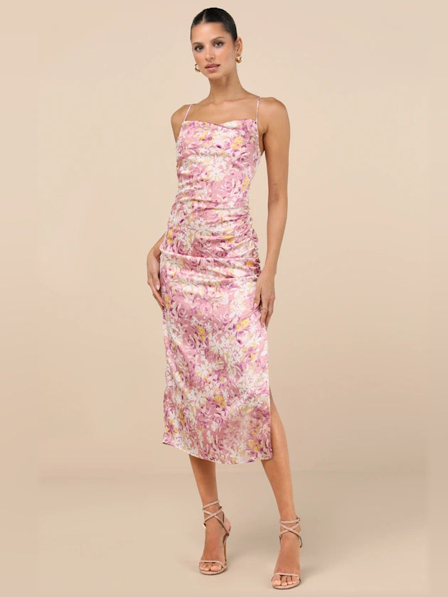 Pink floral print ruched midi formal dress with square neckline and spaghetti straps