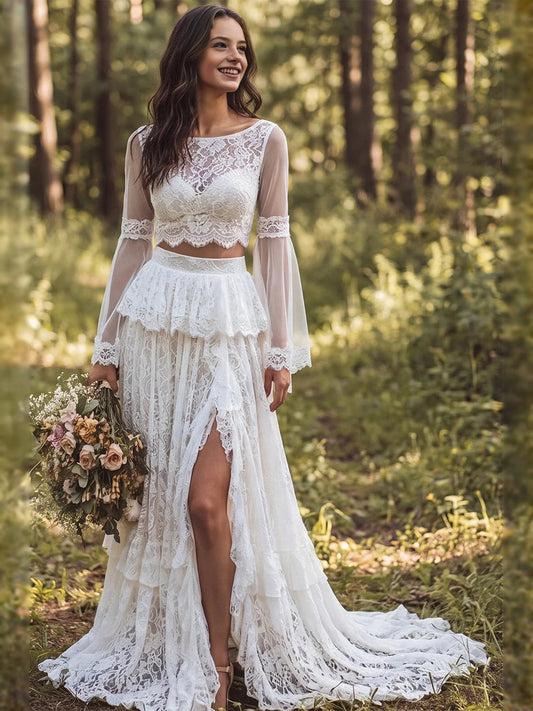 Ivory lace chiffon A-line wedding dress with bateau neck, ruffled tiers, long slit