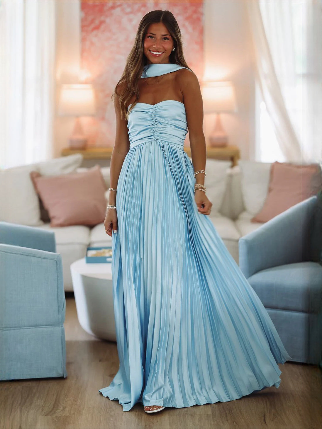 Light Blue a-line maxi formal dress with strapless neckline, full-length front view
