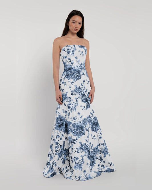 Blue floral strapless A-line maxi dress with tiered ruffle hem