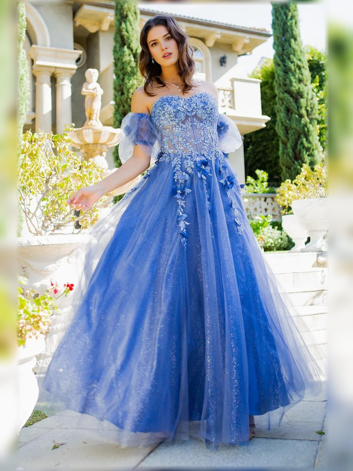 Blue floral off-the-shoulder formal dress with puff sleeves and floor-length tulle skirt