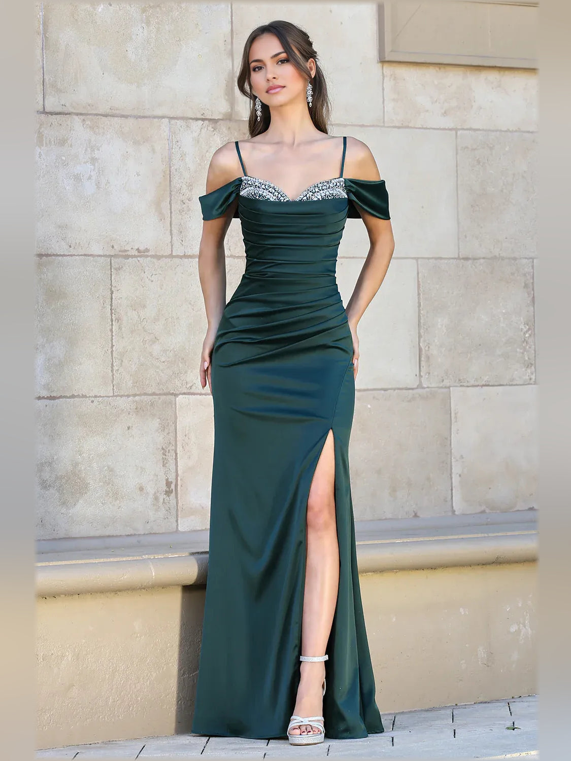 Dark green off-shoulder ruched mermaid formal dress with thigh-high slit, floor length.