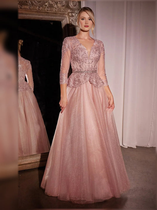 Rose gold glitter V-neck A-line tulle dress with lace bodice
