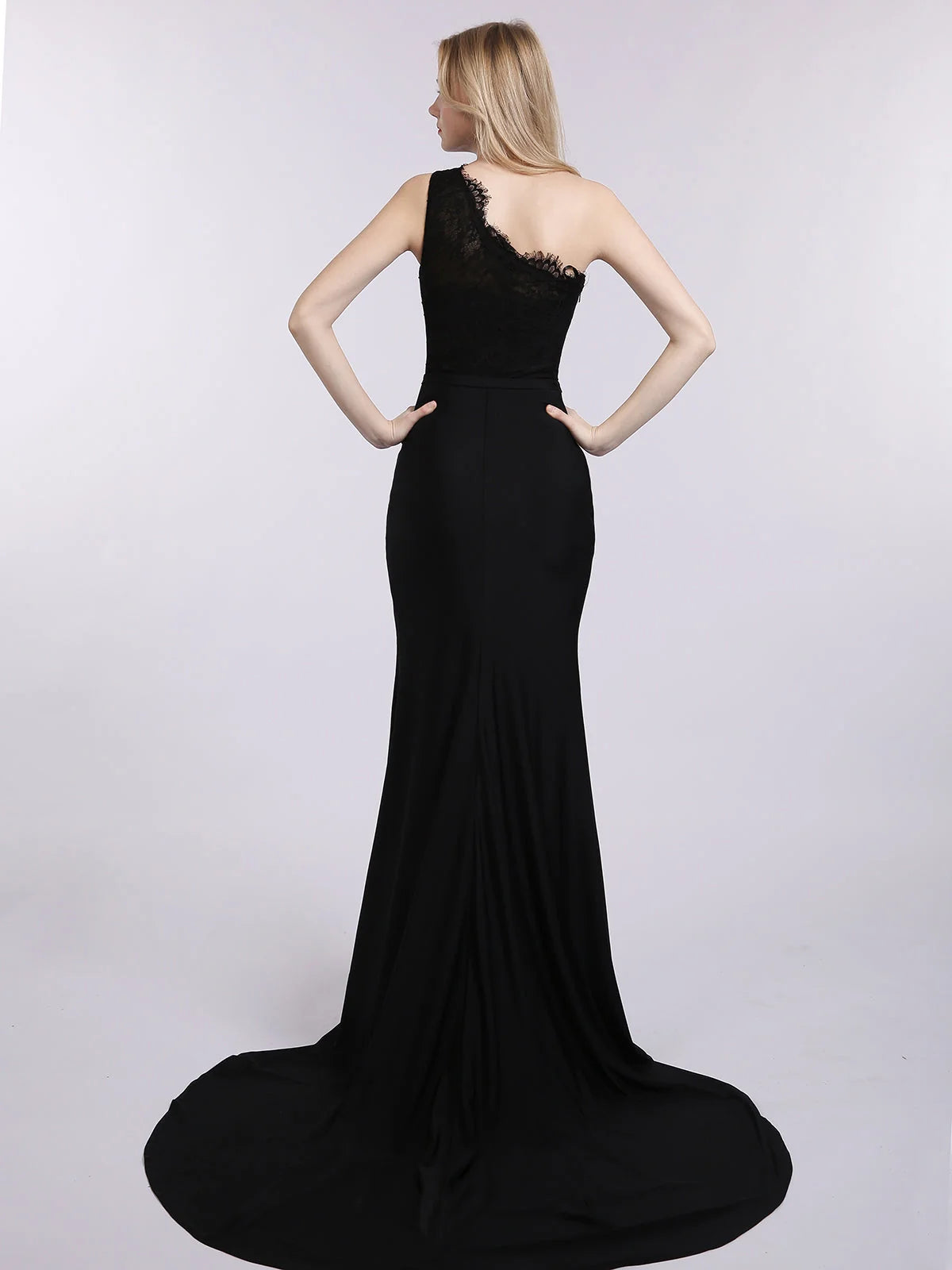 Black one-shoulder mermaid prom dress with lace bodice, long draped silhouette