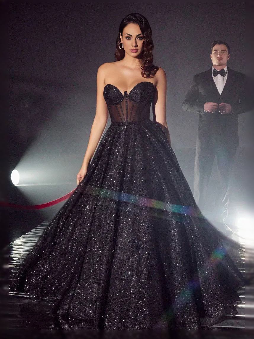 Black sequin sweetheart corset A-line prom dress, floor-length with full skirt