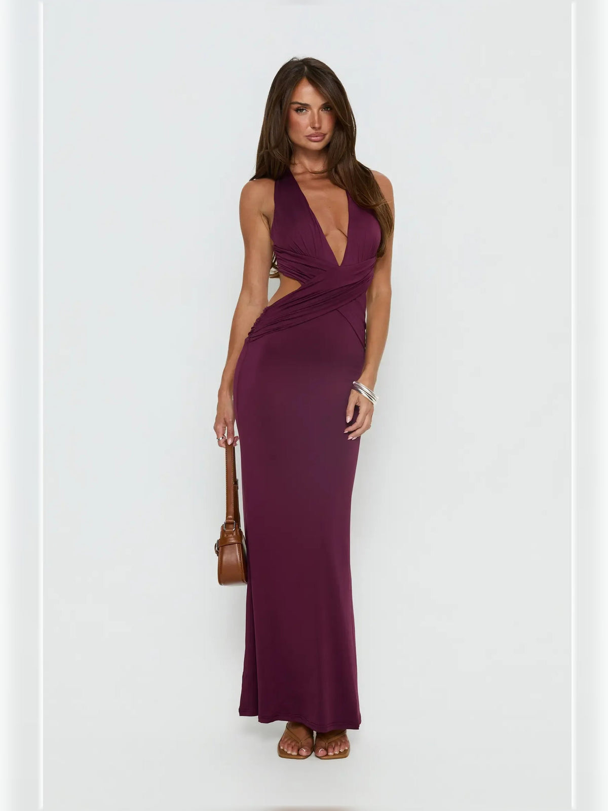 Purple halter neck formal dress with V cutout and ruching, floor-length