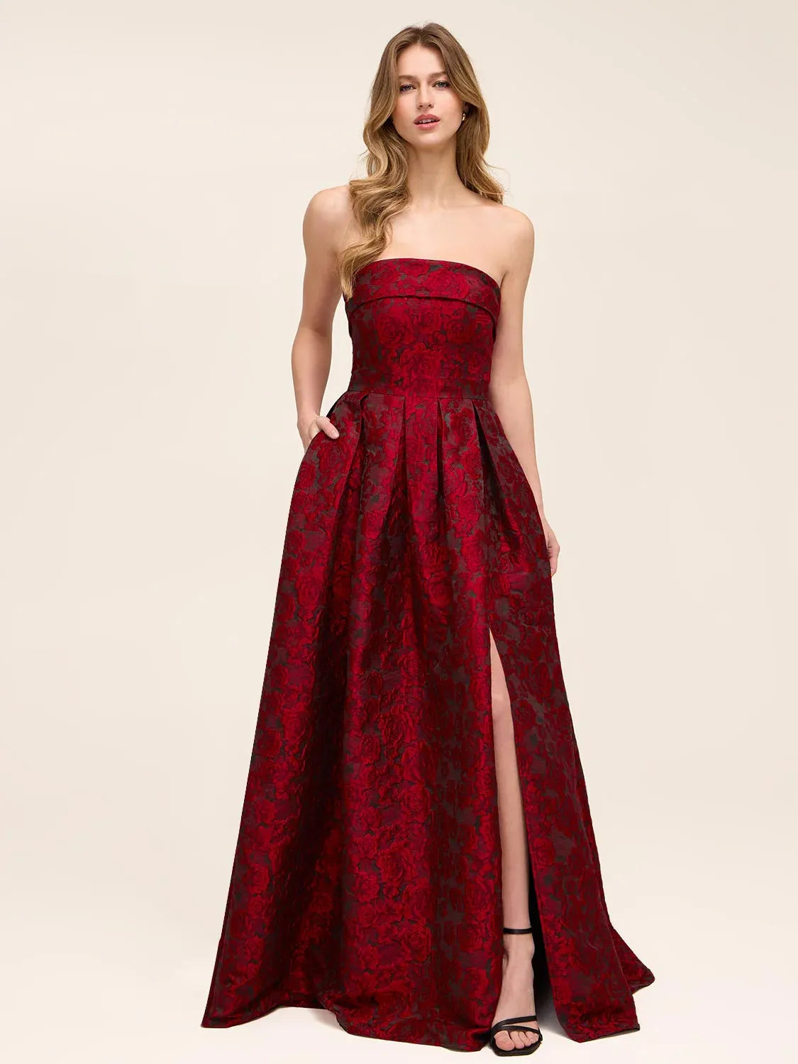 Deep red floral print strapless formal dress with front slit, floor-length