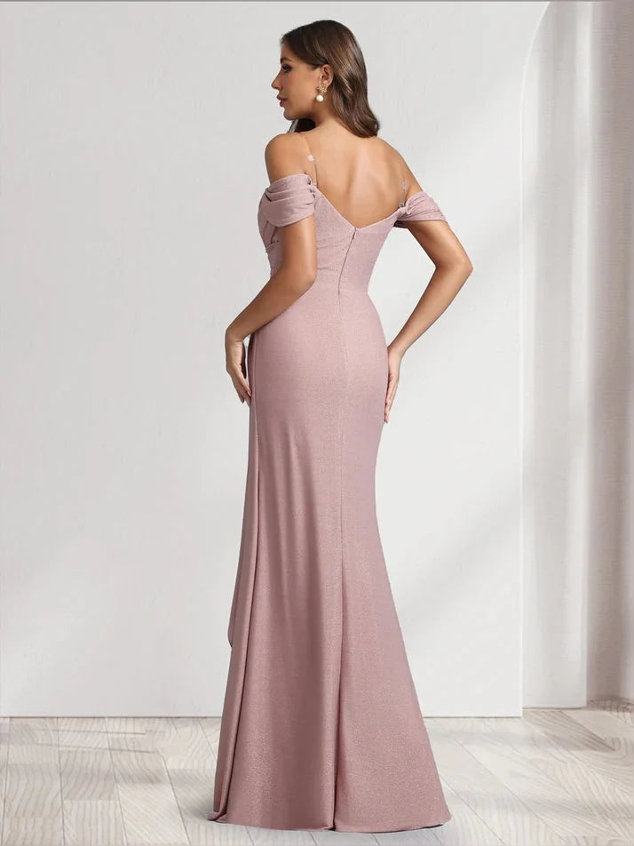 Dusty pink ruched strapless A-line prom dress, off-shoulder sleeves, floor length
