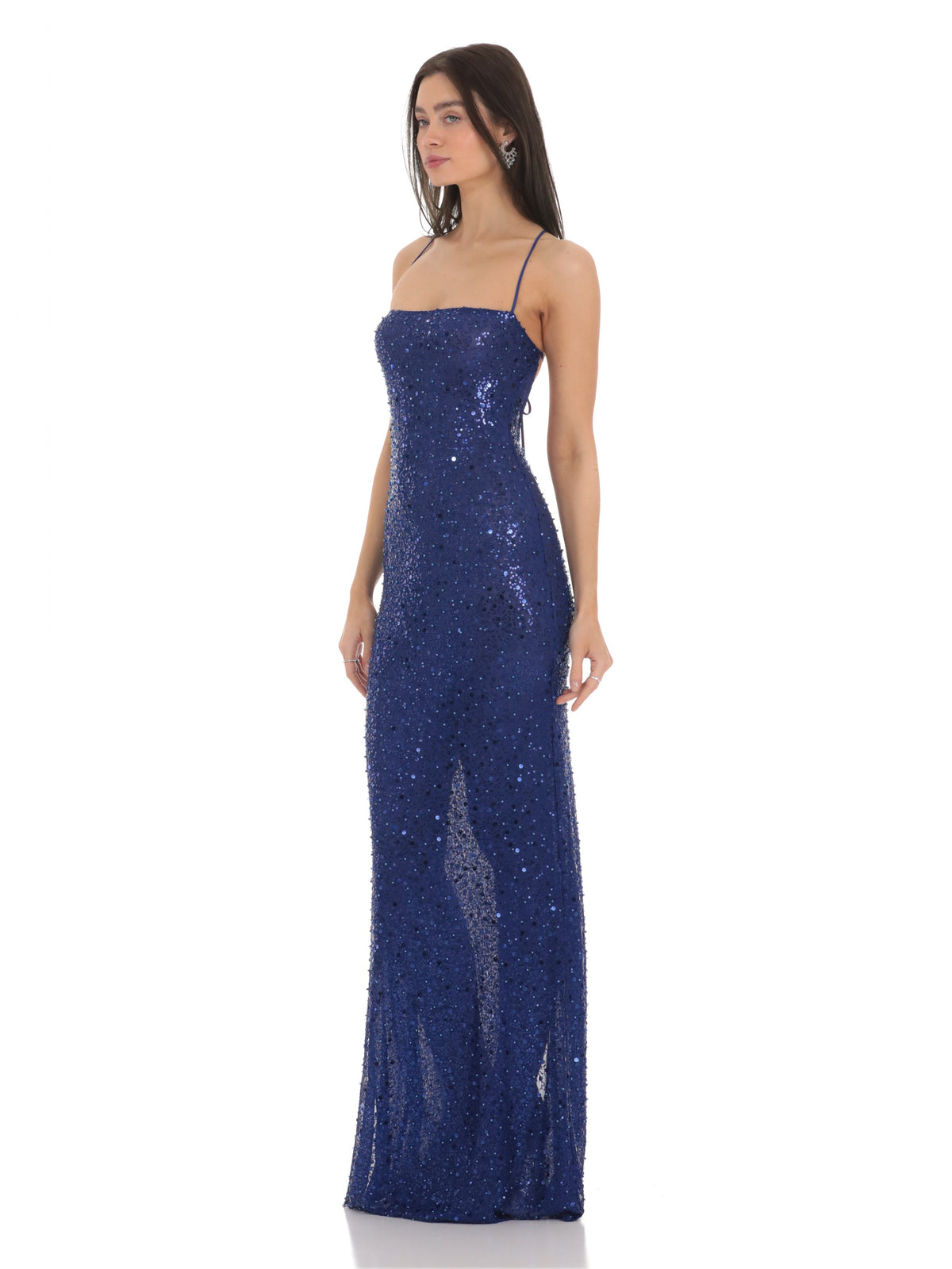 Blue bridesmaid dress with a-line silhouette and maxi length