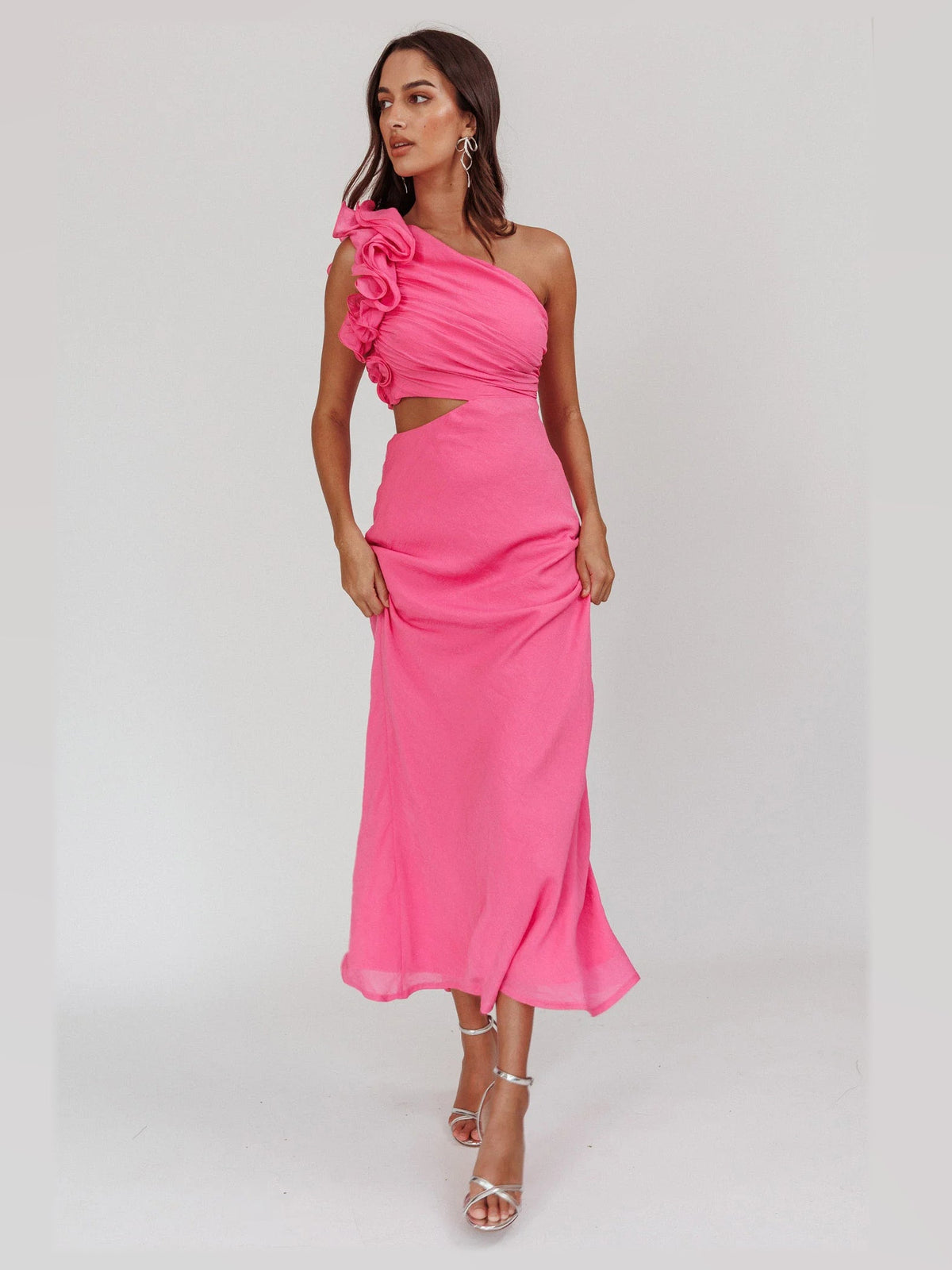 Hot Pink maxi formal dress, front full-length view showing the neckline