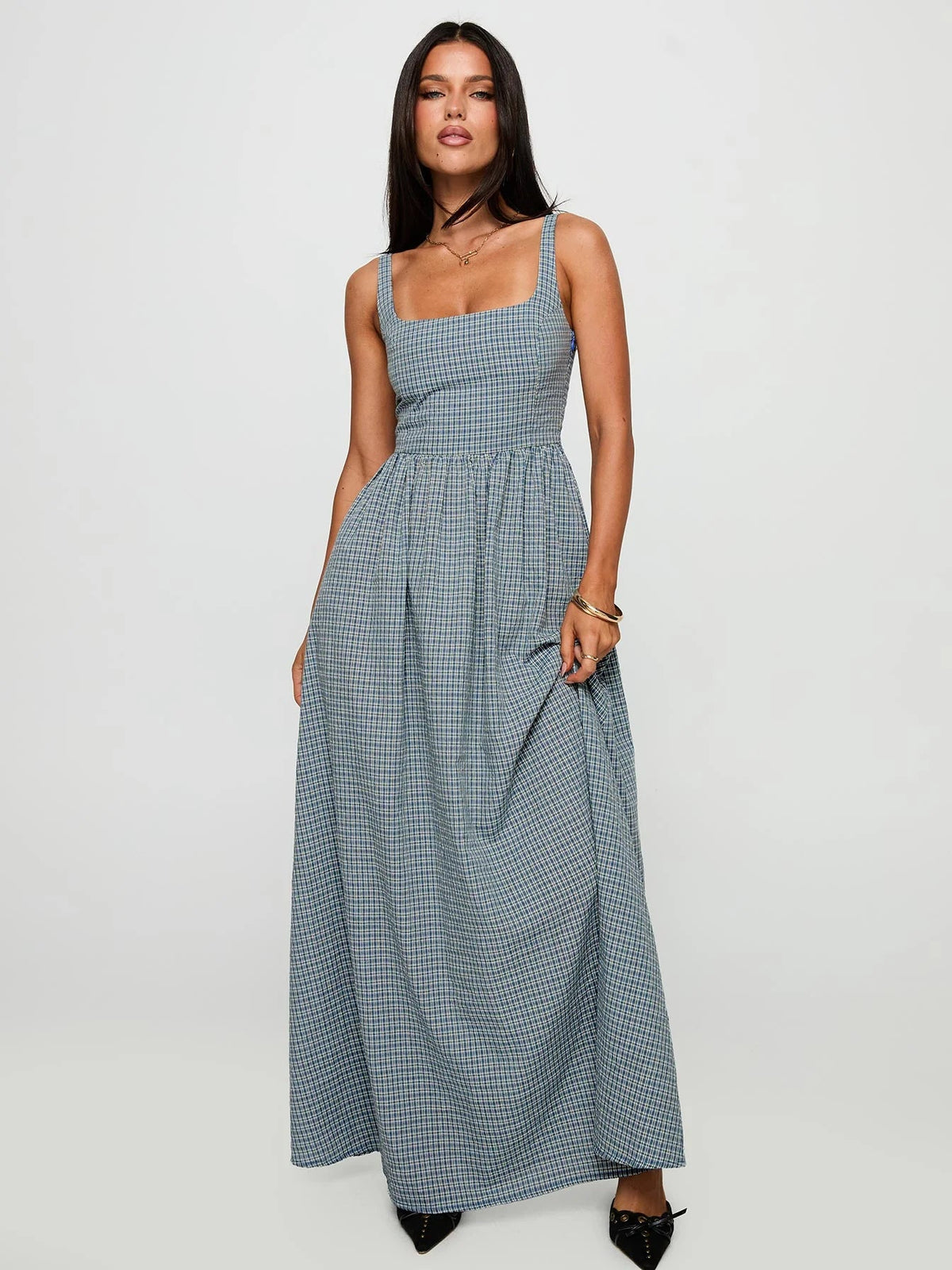 Navy a-line maxi formal dress with square neckline, full-length front view