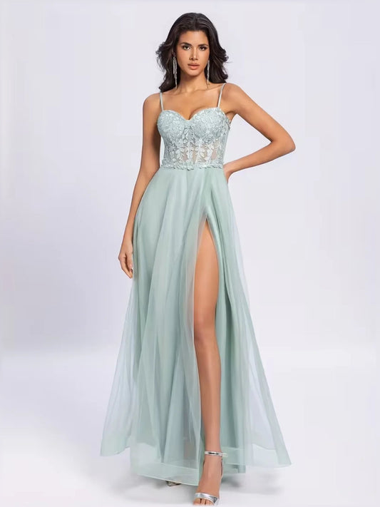 Mint green strapless formal dress with lace bodice and high front slit, floor-length