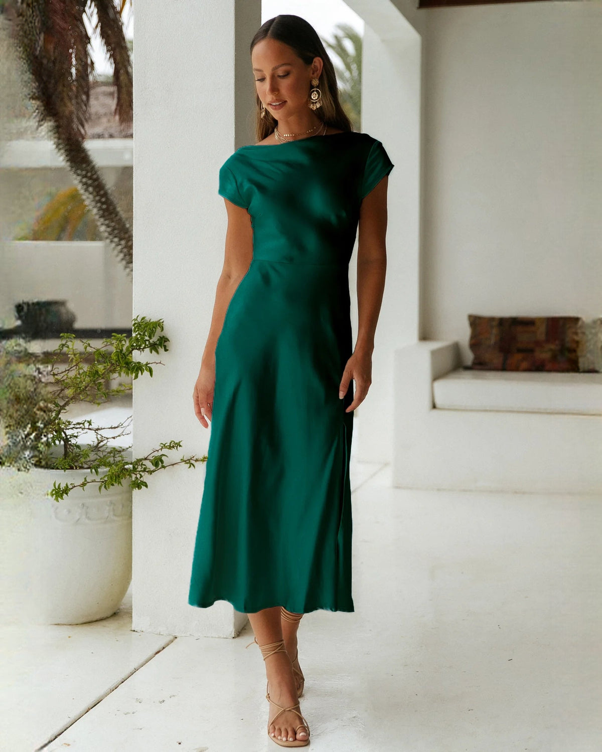 Emerald green satin sleeveless A-line bridesmaid dress, front slit and draped neckline