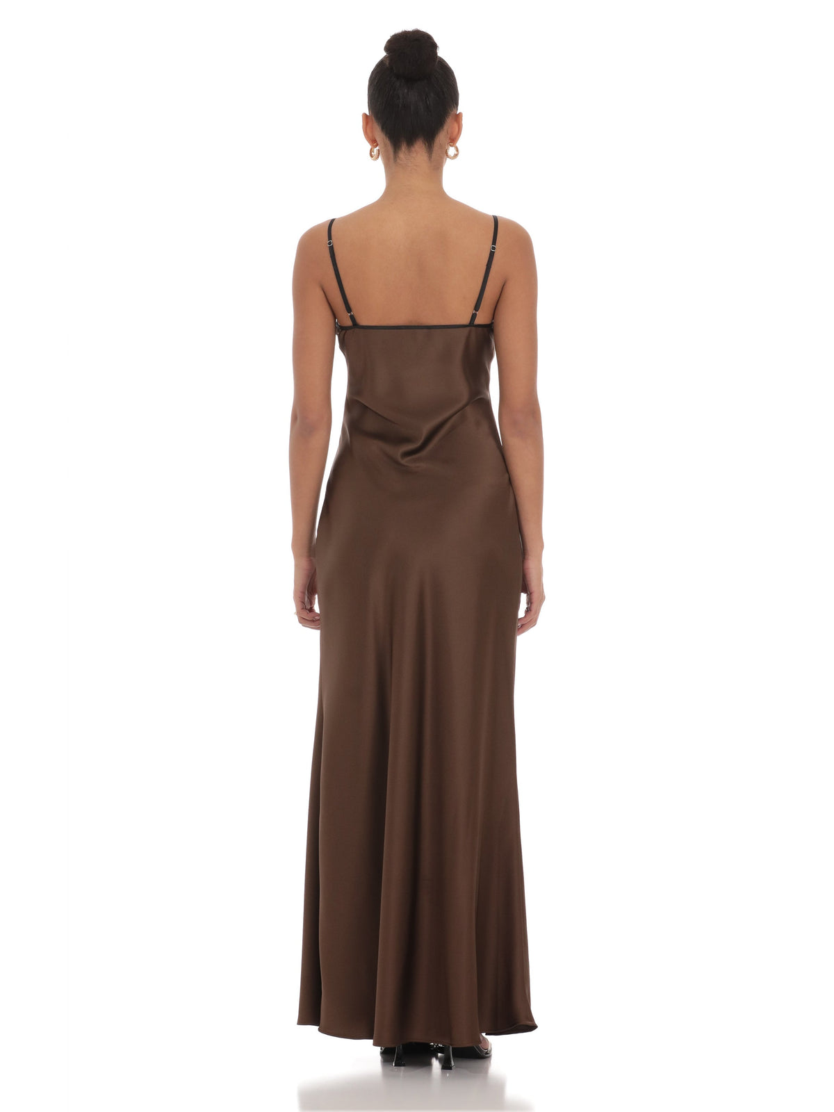Brown A-line satin maxi dress with spaghetti straps, low V-back
