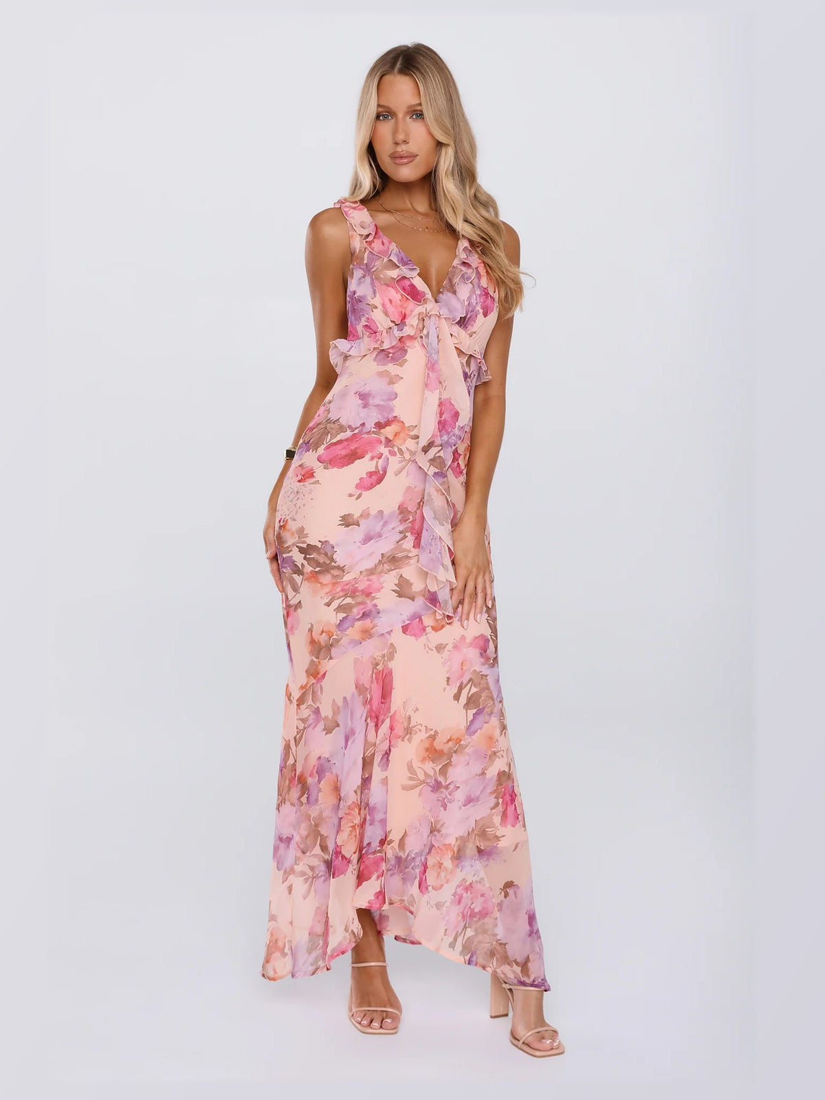 Red formal dress with a-line silhouette and high-low length
