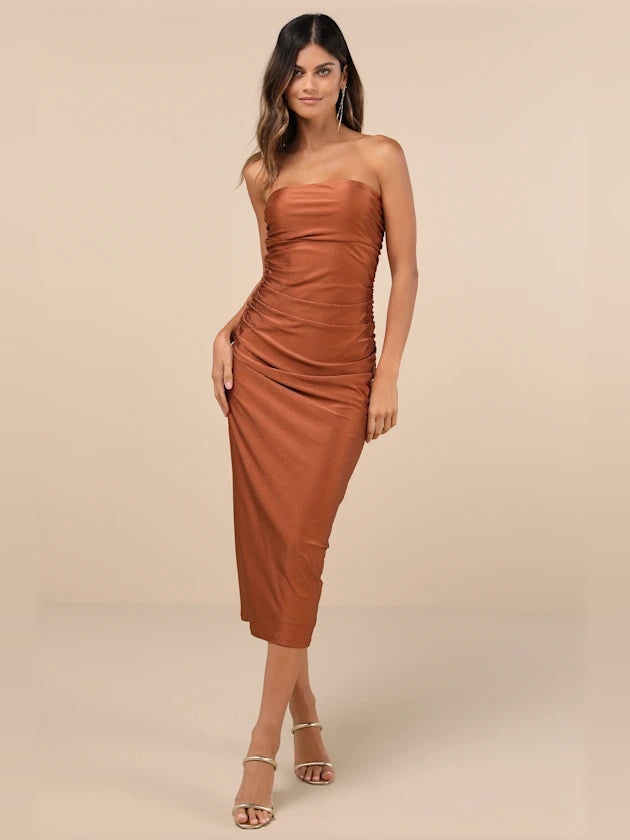 Washed-copper strapless ruched midi formal dress with side drape