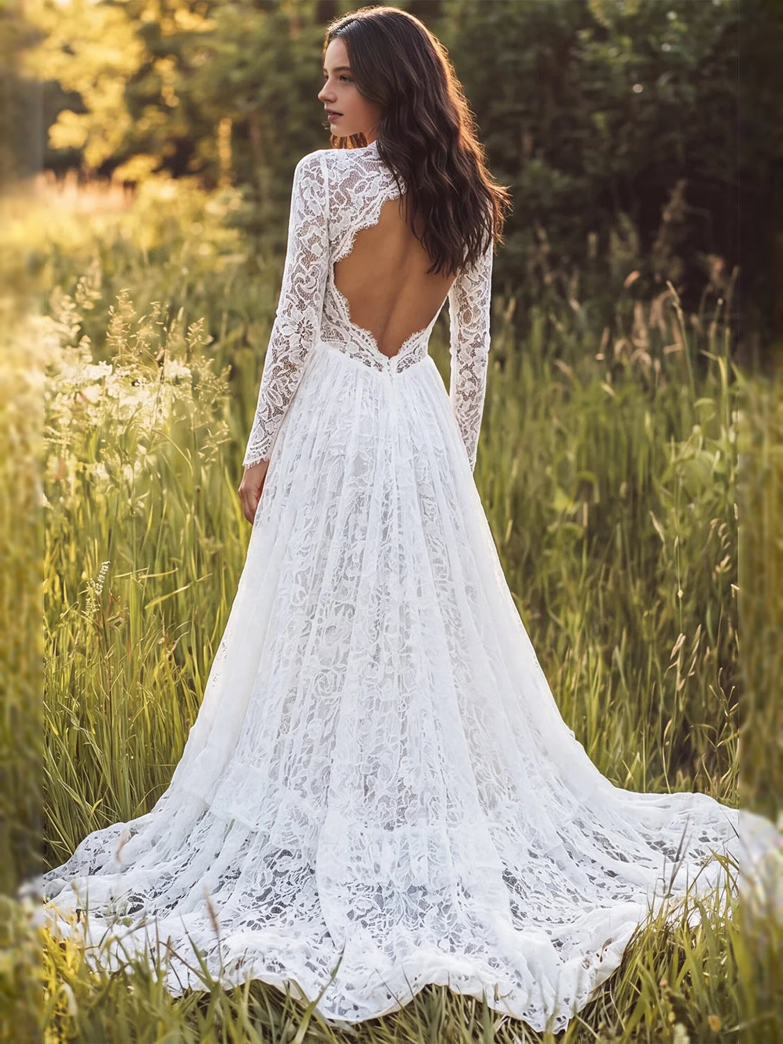 Ivory lace A-line wedding dress with V-neck, long sleeves, open back, tiered ruffled skirt