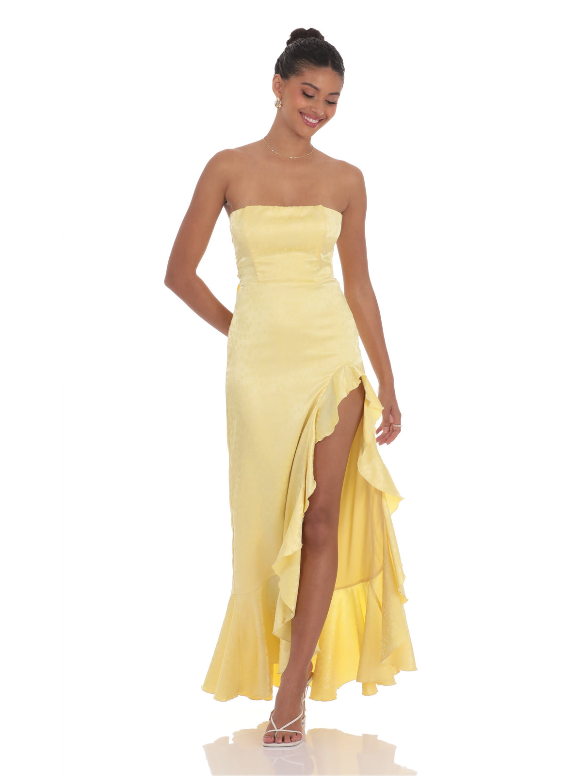 Yellow bridesmaid dress with a-line silhouette and maxi length