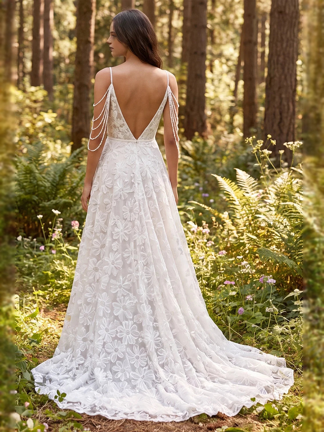 Ivory floral-applique A-line wedding dress with V-neck and beaded back straps