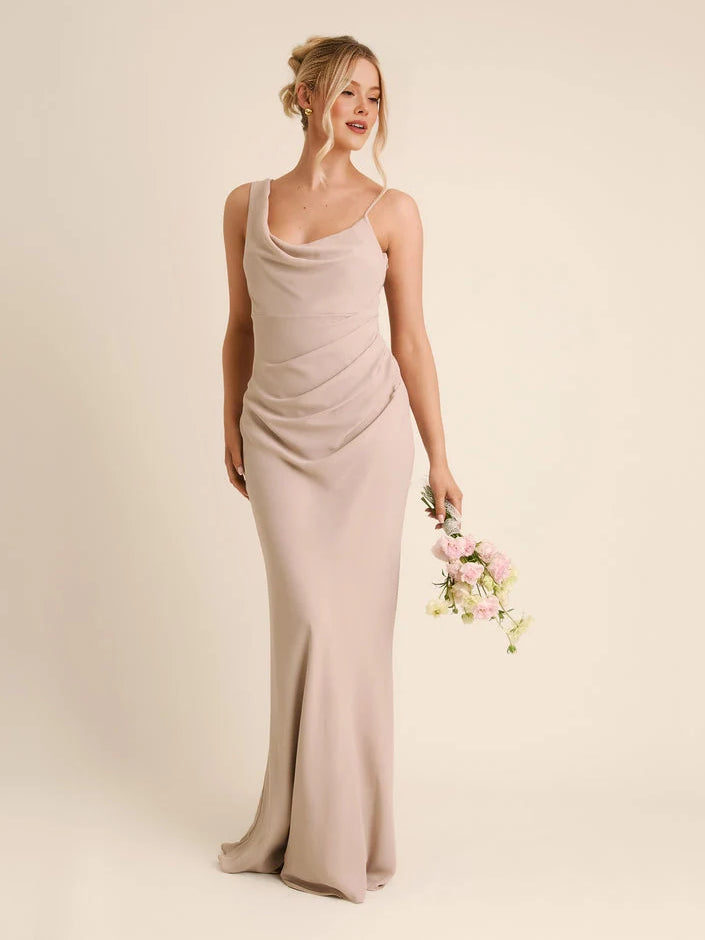 Taupe chiffon cowl-neck sheath dress with pleated drape, spaghetti straps, floor length