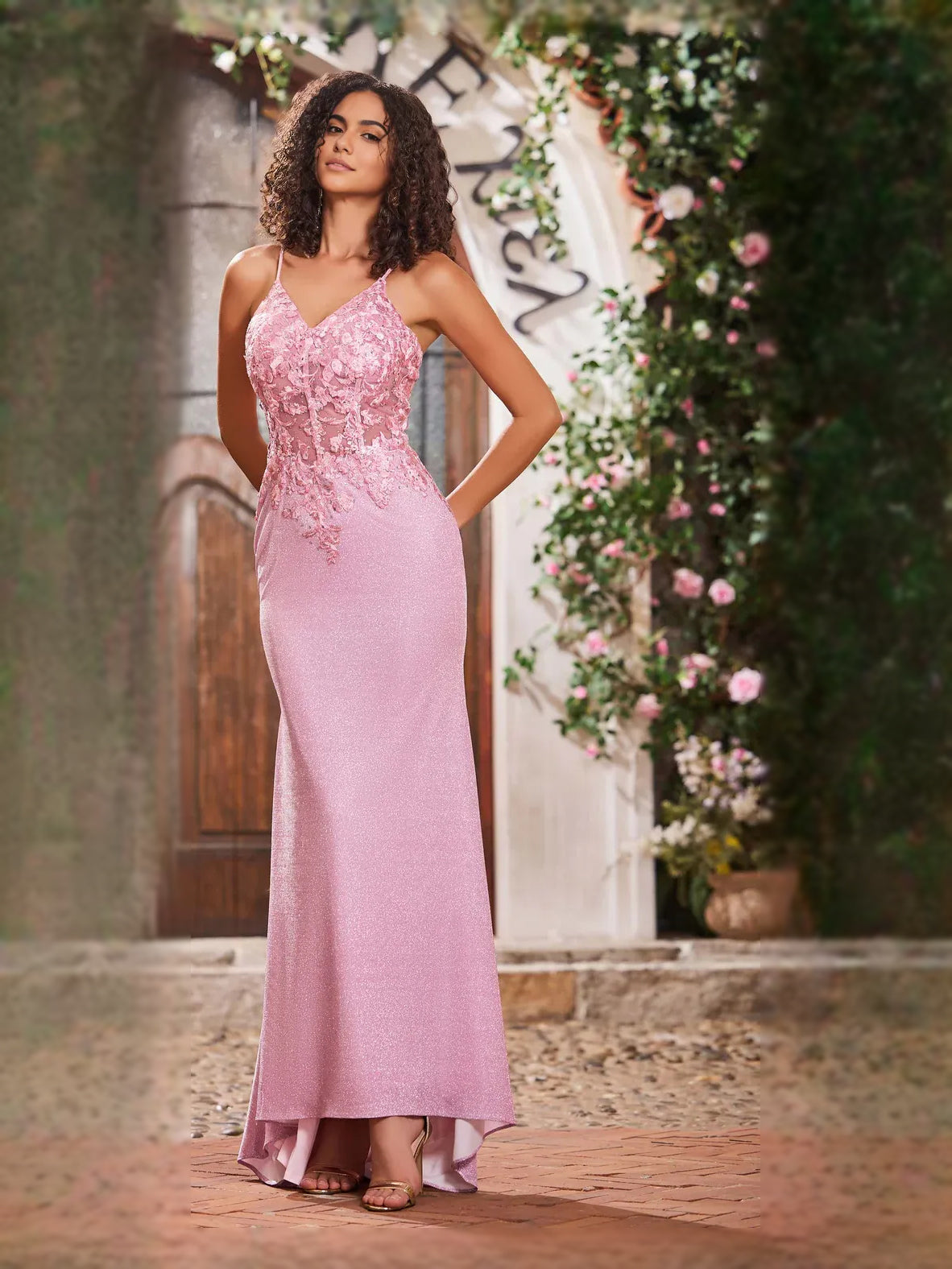 Light pink glitter floral mermaid prom dress, V-neck, spaghetti straps, maxi length