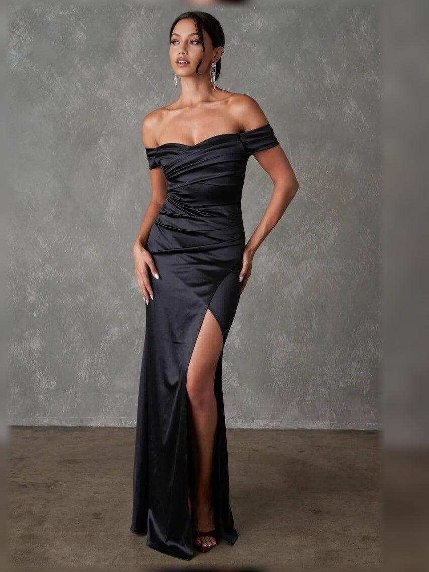 Black off-shoulder maxi formal dress with ruched bodice and front slit