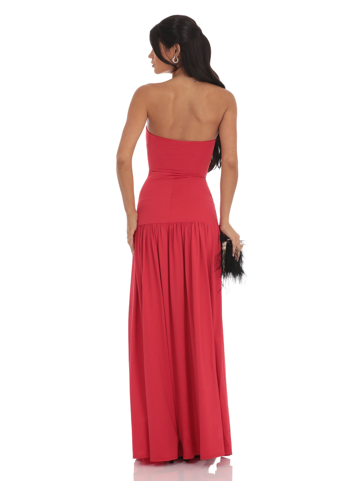 Red bridesmaid dress with drop-waist silhouette and maxi length