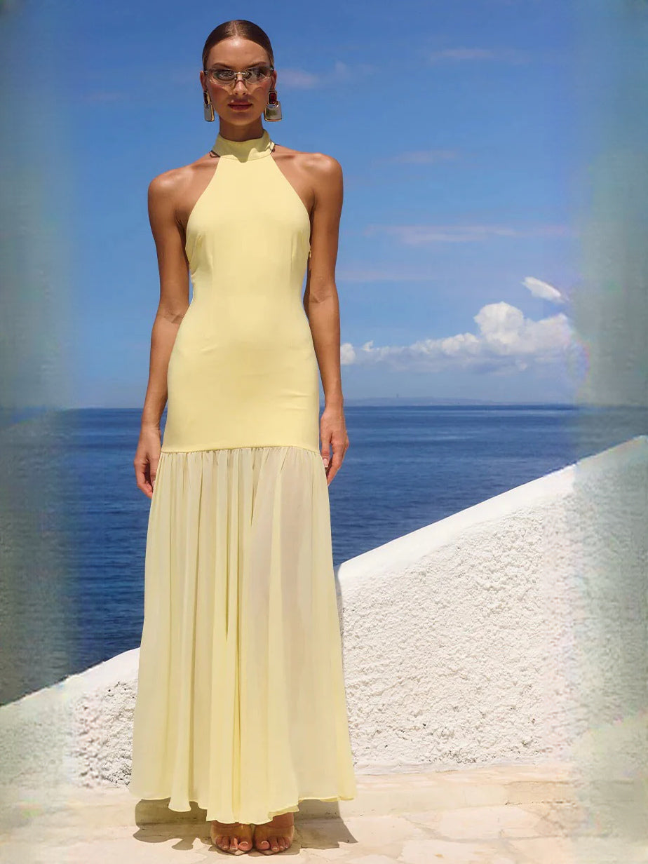 Butter fit-and-flare maxi formal dress with halter neckline, full-length front view