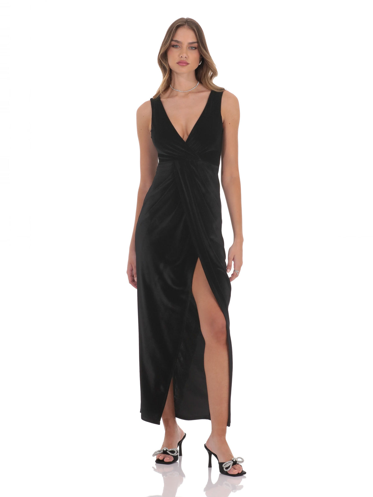 Black bridesmaid dress with a-line silhouette and maxi length