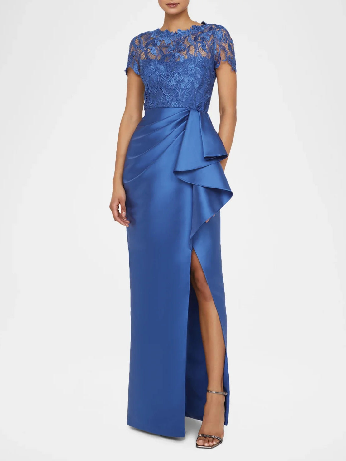 Blue satin sheath dress with floral lace yoke, draped ruffle bodice and leg slit.