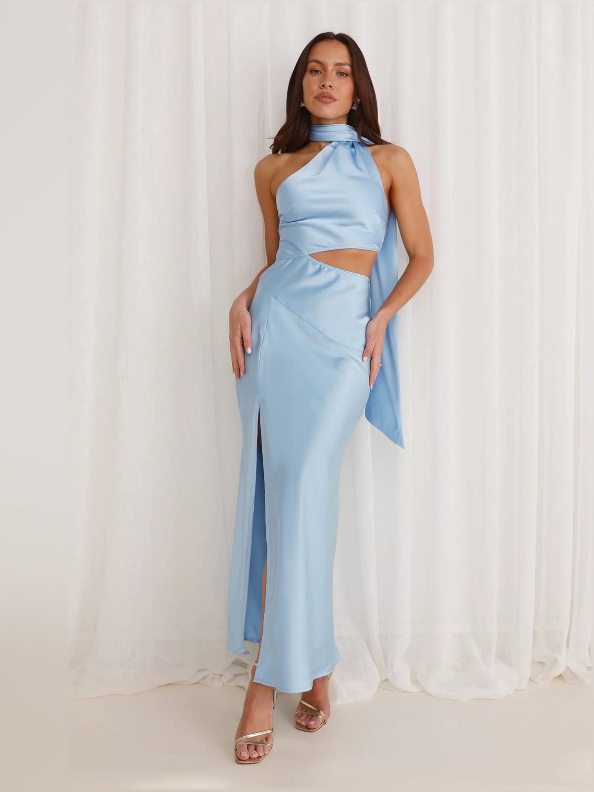 Light blue satin midi dress with halter neckline and waist cutout