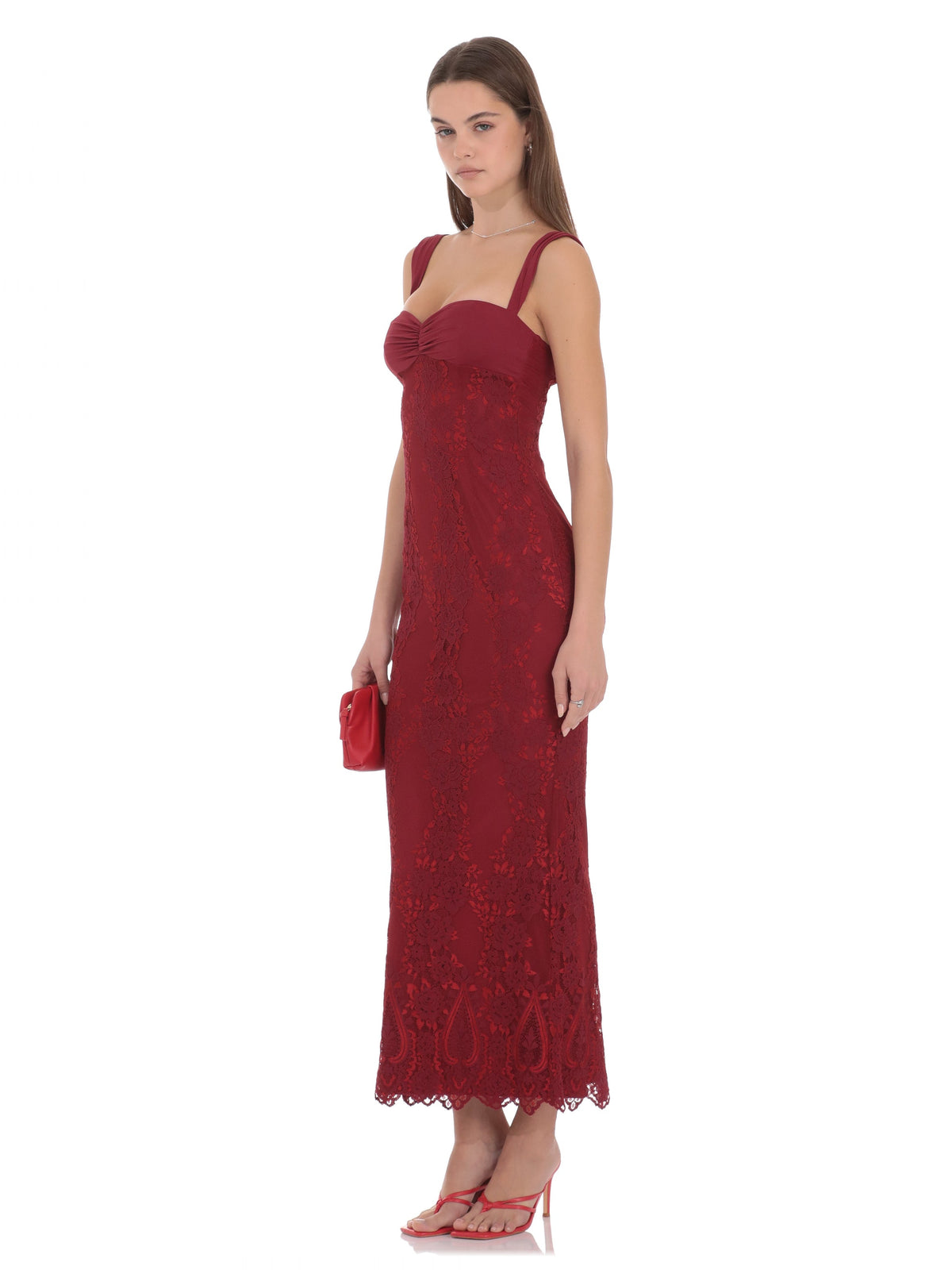 Burgundy bridesmaid dress with a-line silhouette and maxi length