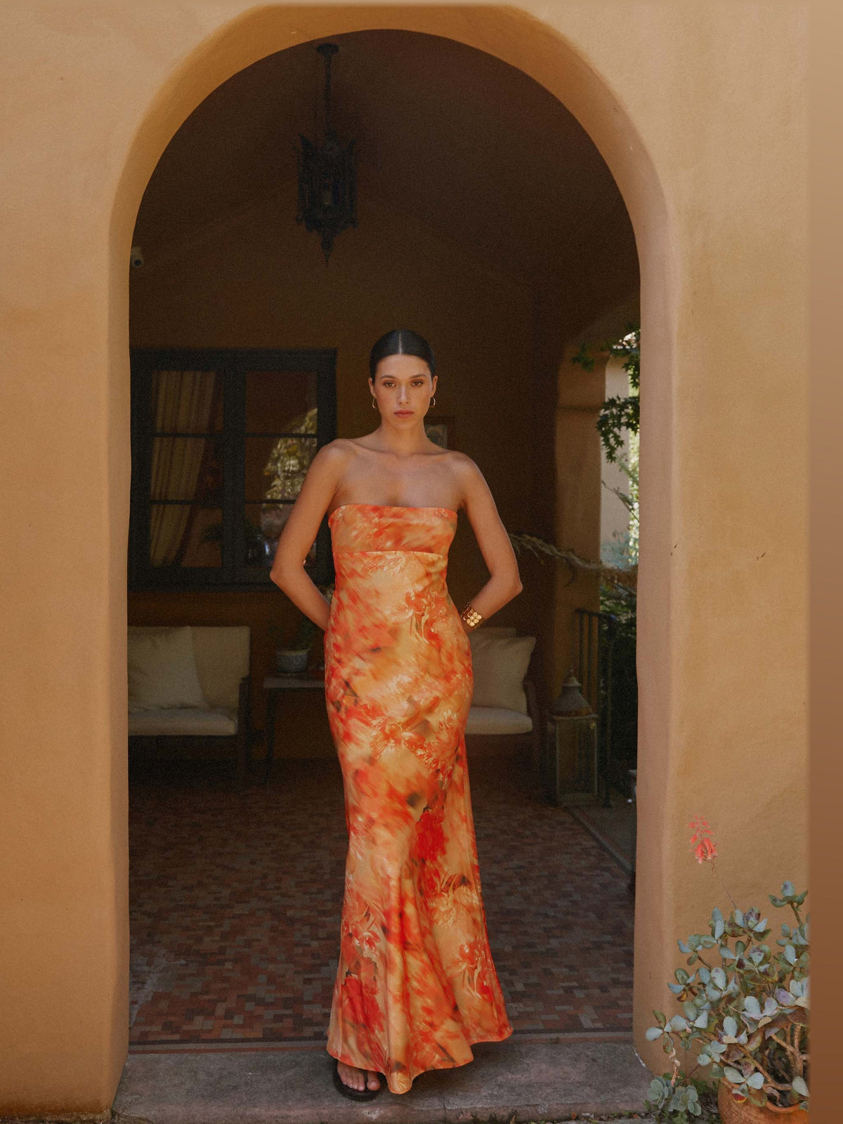 Orange Floral Print maxi formal dress, front full-length view showing the neckline