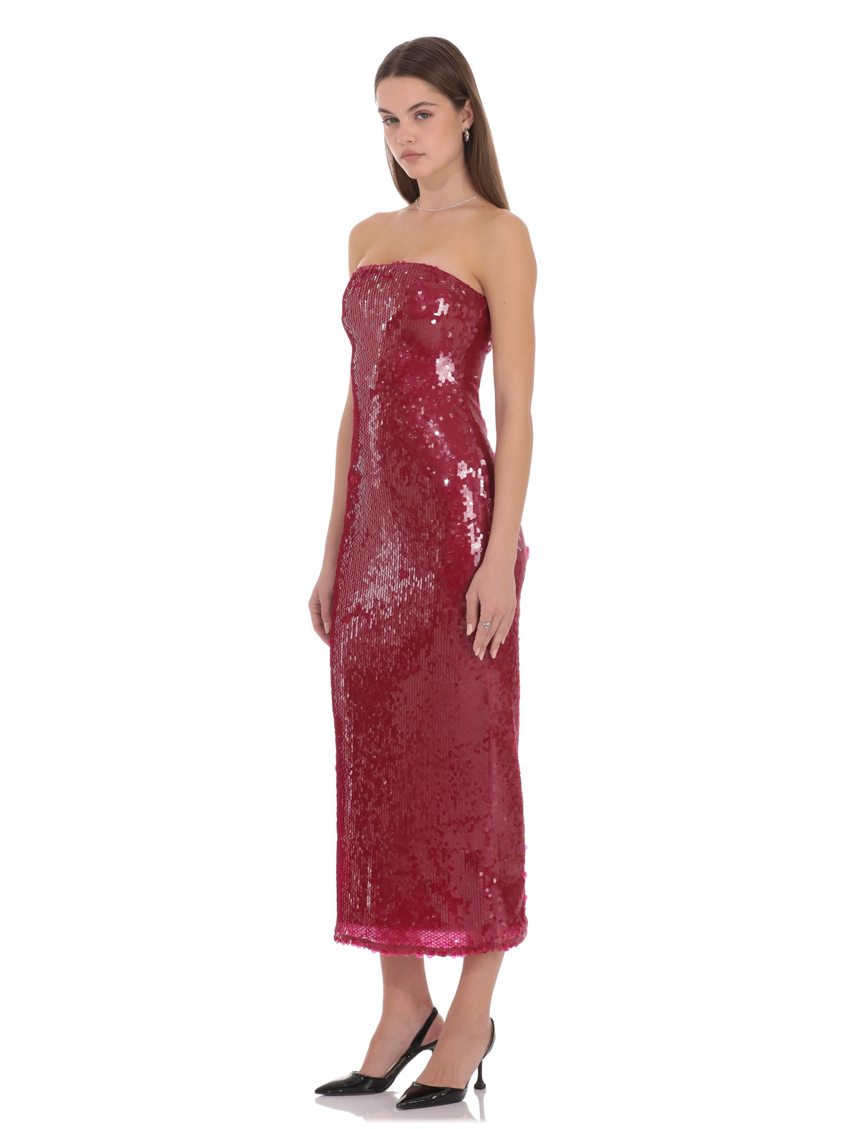 Fuchsia bridesmaid dress with a-line silhouette and midi length