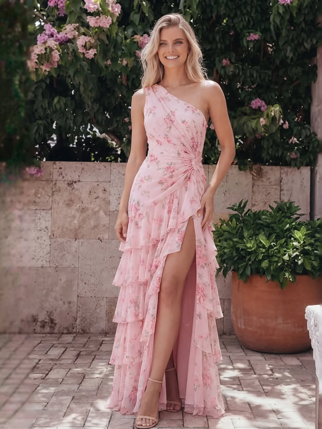 Light pink floral one-shoulder tiered maxi chiffon dress with ruffle skirt and slit