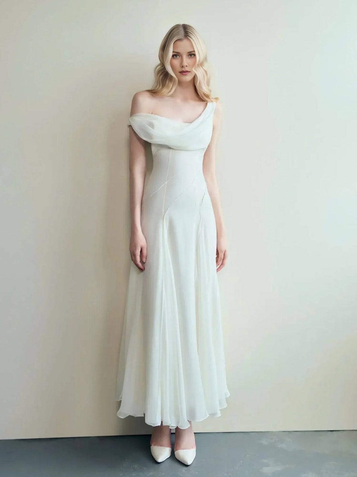 Ivory chiffon maxi bridesmaid dress with draped cowl neckline and A-line skirt