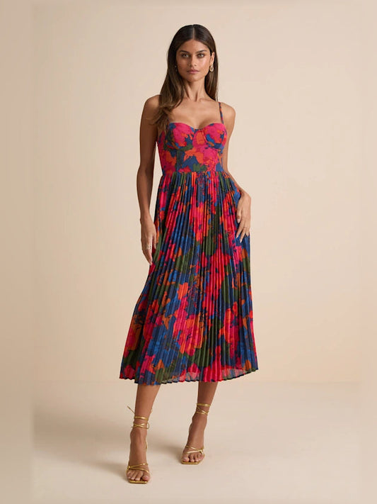 Pleated midi formal dress with sweetheart neckline, spaghetti straps, dark blue floral print