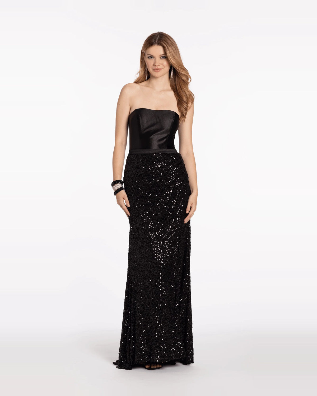 Black strapless column maxi prom dress with satin bodice and sequined skirt