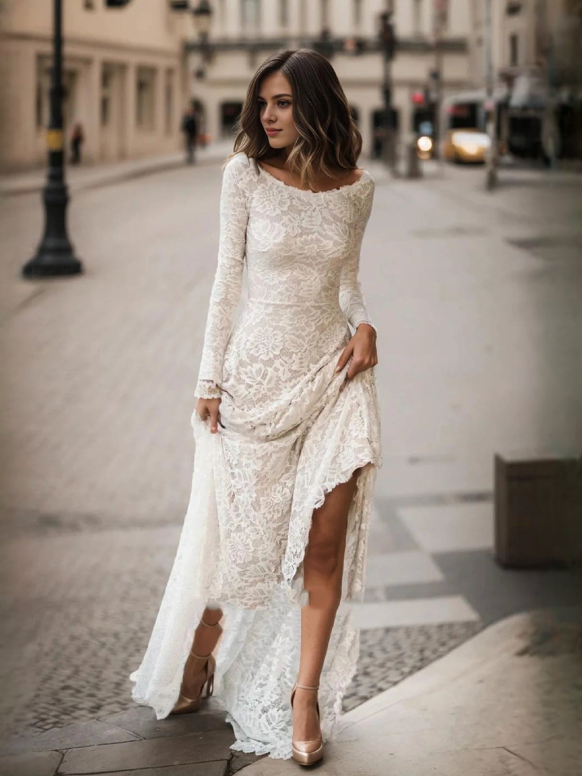 Ivory lace wedding dress, boat neck, long sleeves, side slit, fit-and-flare