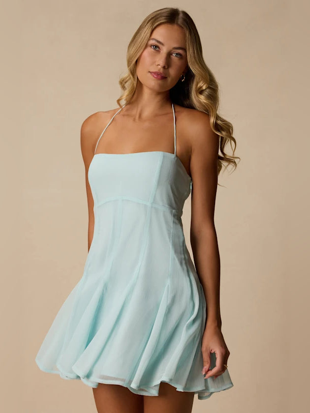 Mint blue halter neck mini dress with sweetheart bodice and flared skirt