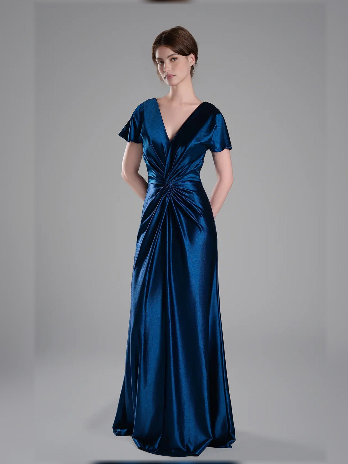 Navy blue V-neck A-line maxi formal dress with short sleeves and ruched waist