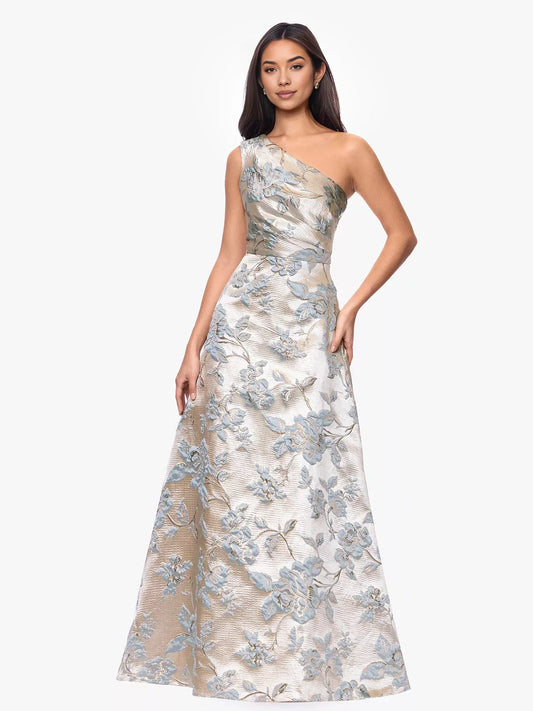 One-shoulder floral jacquard A-line formal dress in light blue on cream, floor length