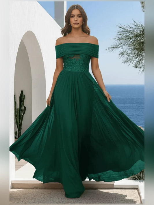 Dark green off-the-shoulder A-line formal dress with lace bodice and floral pattern