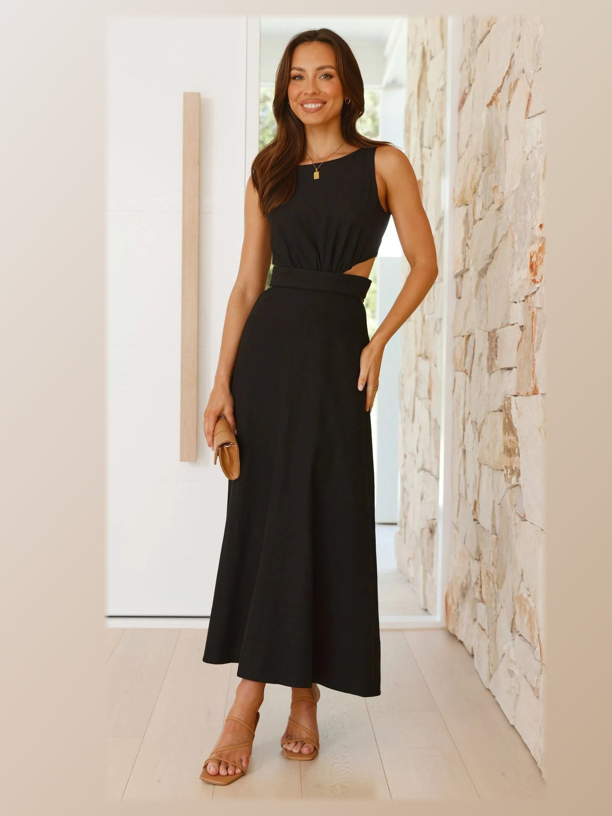 Black midi formal dress, front full-length view showing the neckline