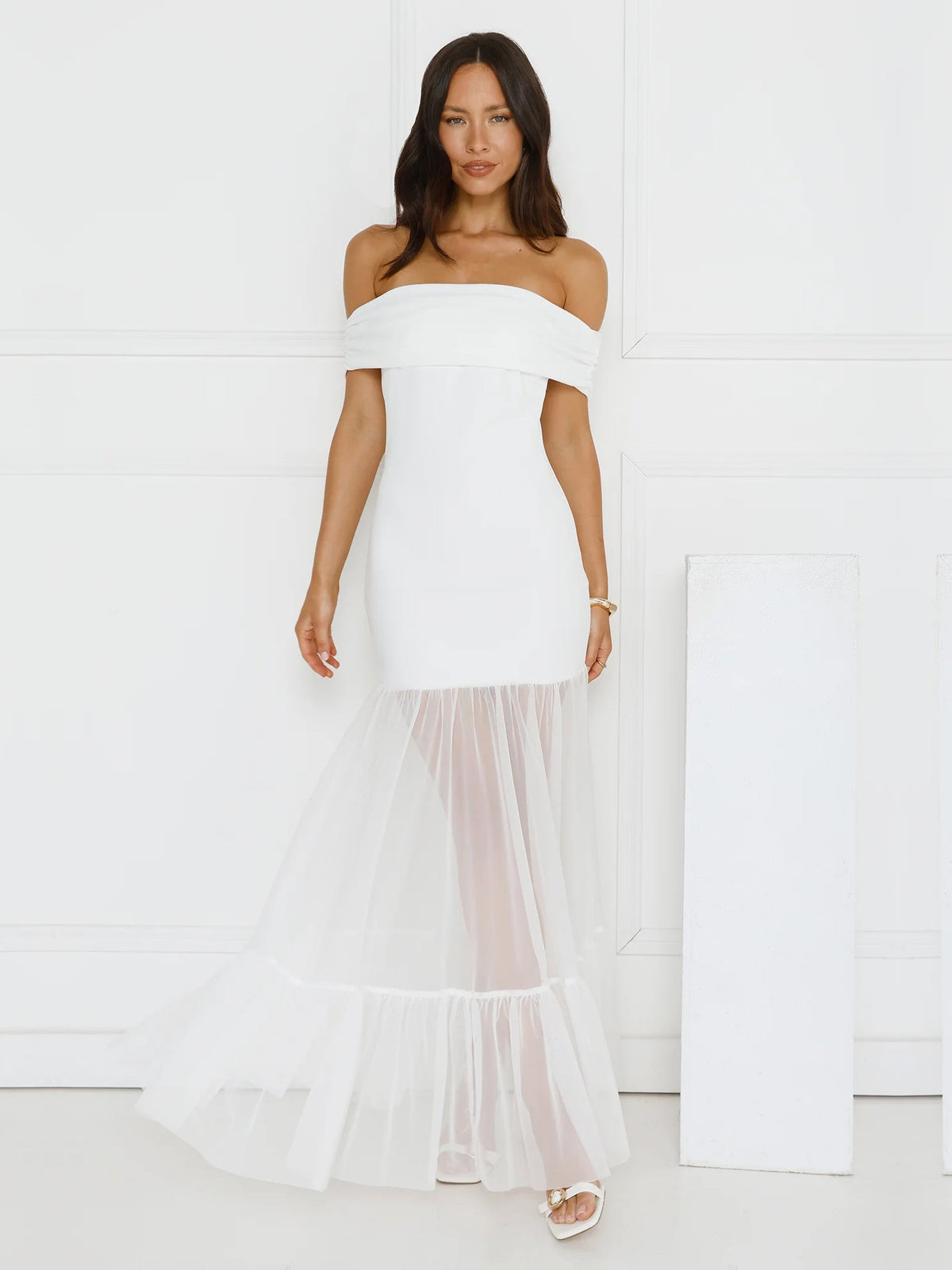 White sheath maxi formal dress with off-the-shoulder neckline, full-length front view