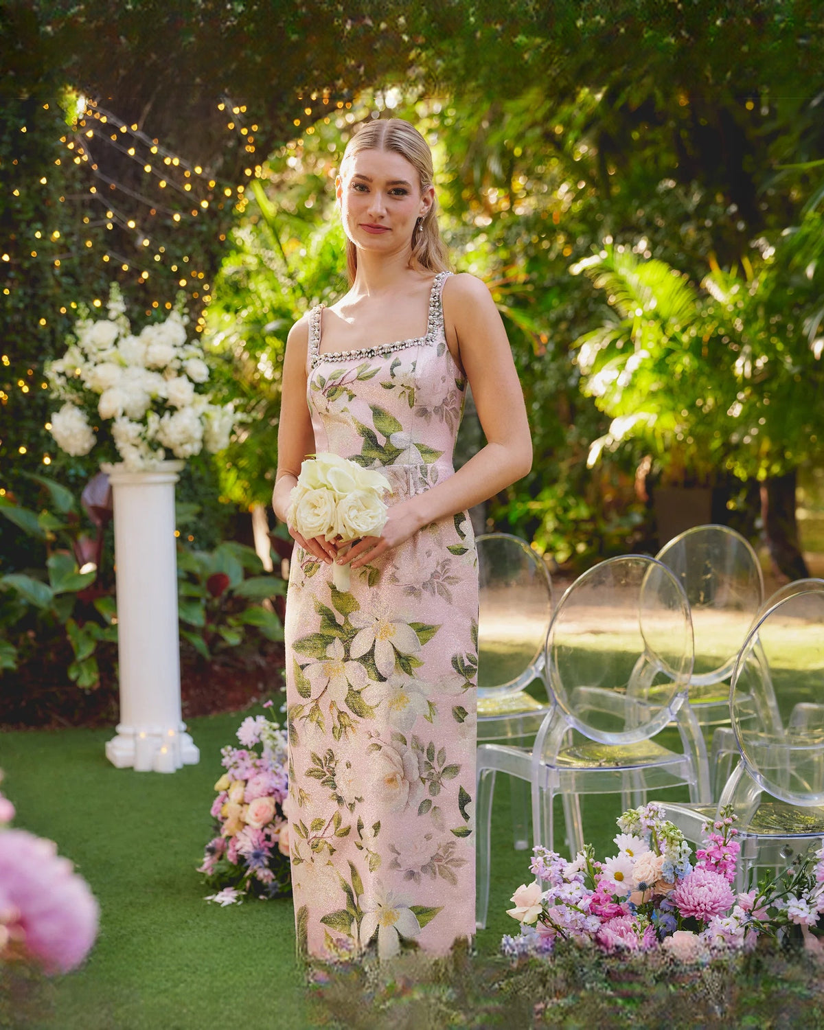 Blush floral print maxi mother-of-the-bride dress, square neckline, embellished straps