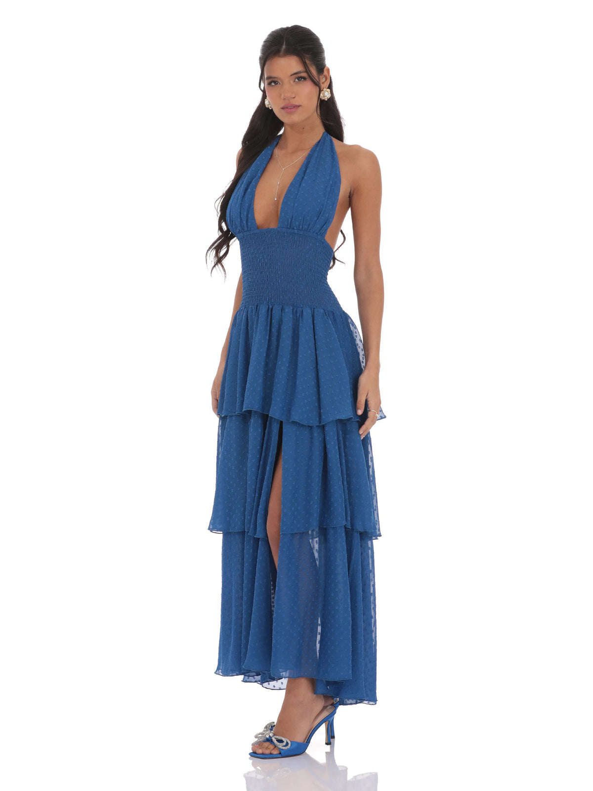 Blue bridesmaid dress with a-line silhouette and maxi length
