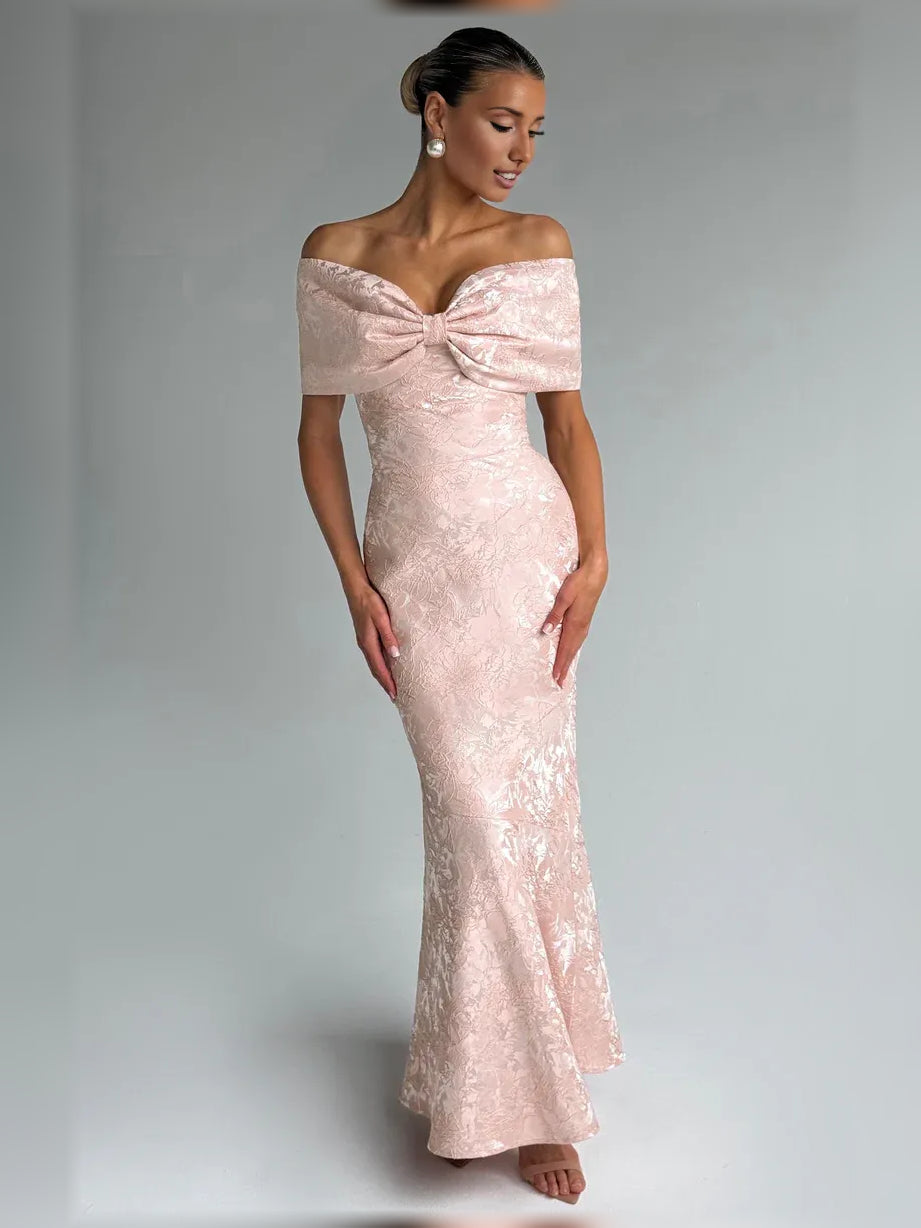 Peach off-the-shoulder corset mermaid floor-length formal dress with bow detail