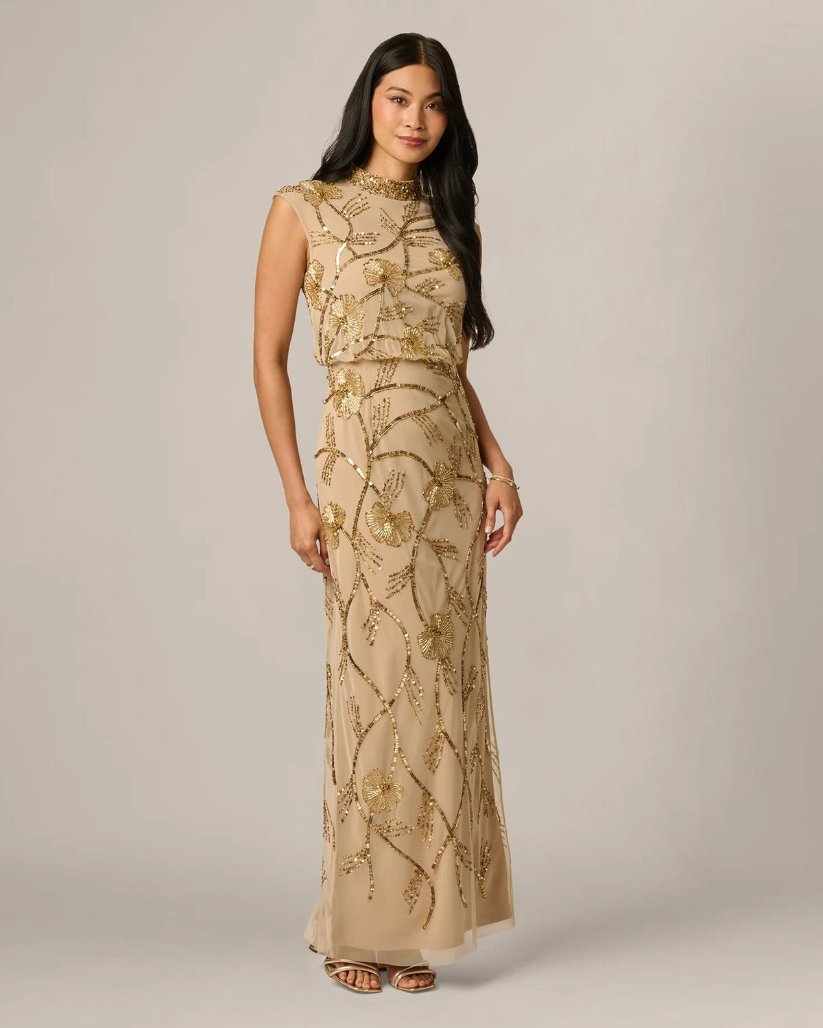 Gold embellished spaghetti-strap A-line maxi dress with beaded floral pattern